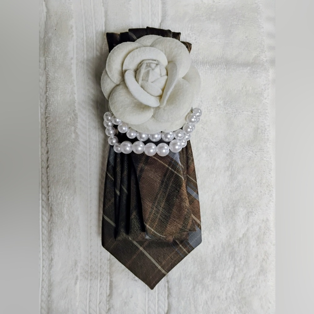 Brown Plaid Tie with White Flower and Pearls